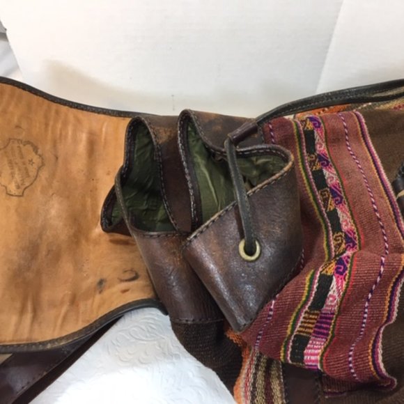 Genuine Leather Rainbow Woven Natural Dyes Textile Backpack Made in Bolivia BOHO - Picture 6 of 16